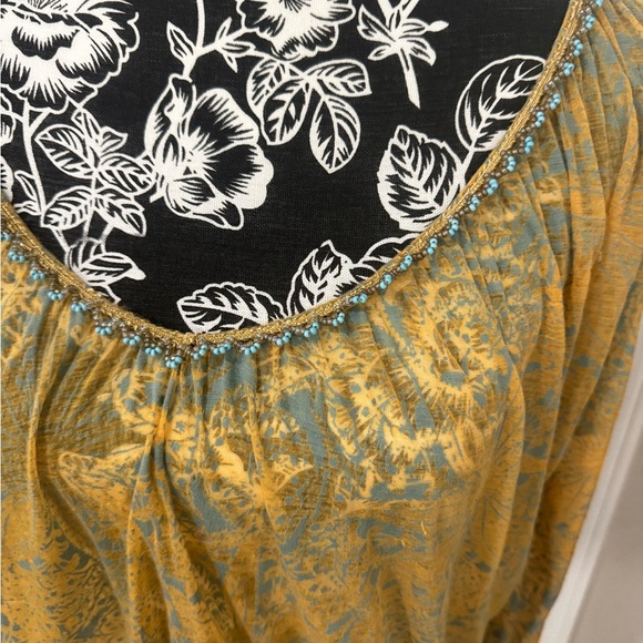 FREE PEOPLE Boho Burnout Cropped Top Turquoise Beaded 3/4 Sleeve Mustard Yellow - Picture 6 of 11